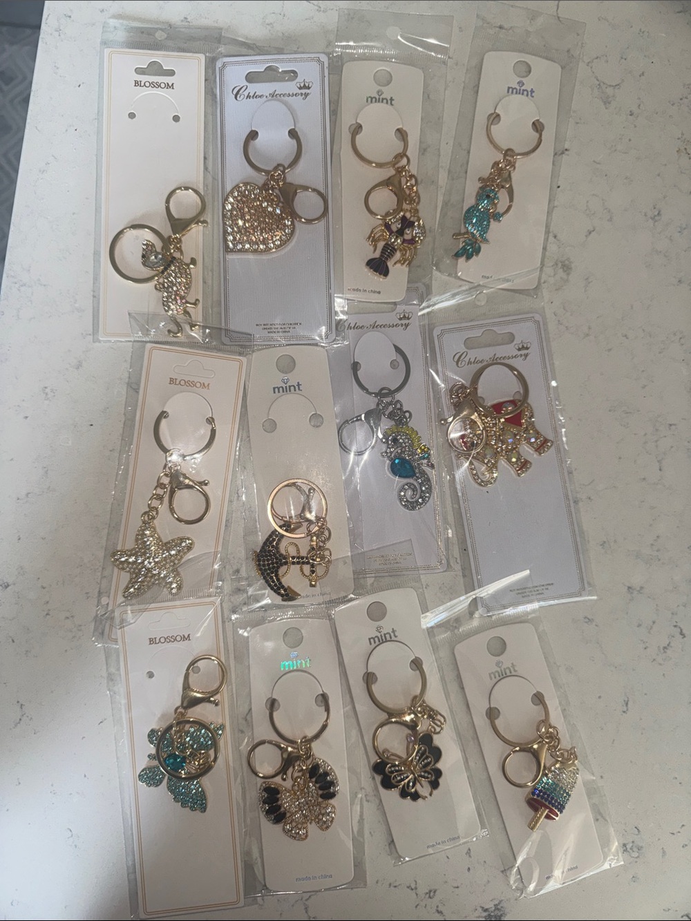 Set of 3 Assorted Gold and Silver-Tone Rhinestone Keychain Charms